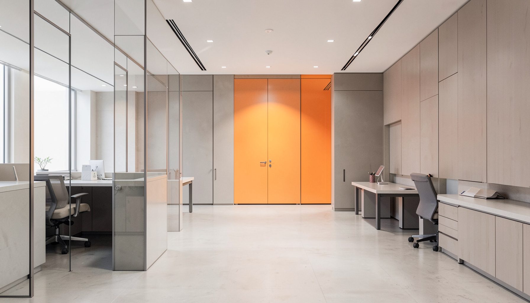 Modern medical office interior with clean lines, neutral tones, and a sense of order and professionalism